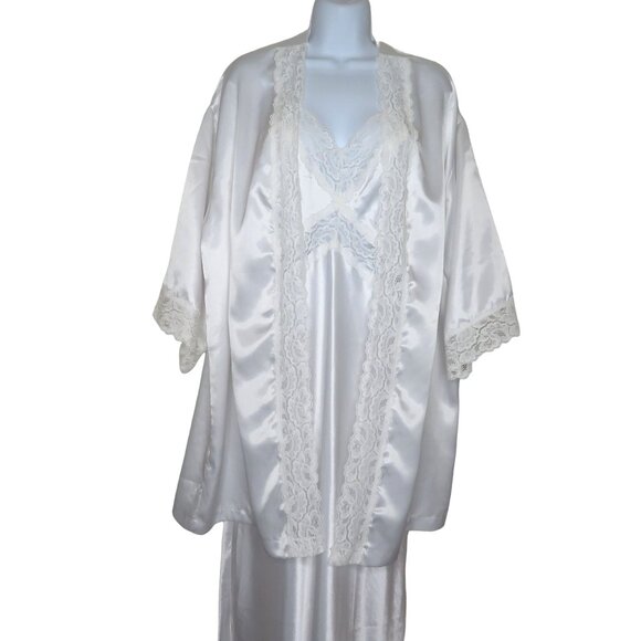Vintage 80s White Lace Satin Slip Nightgown Robe Peignoir Set Wedding Honeymoon - Picture 1 of 16